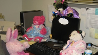 teddy bears playing on a desk