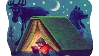 Illustration of a teenager reading from an e-reader while camping in a tent shaped like a book at night with a moose and bear in silhouette in the background.