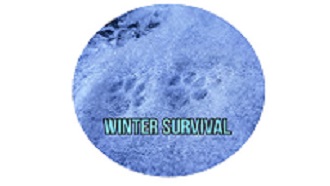 Animal tracks left in the snow with the words "winter survival" across the bottom of the picture.