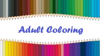 variety of shades of colored pencils surrounding the words "adult coloring"