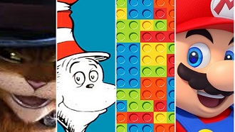 Four way split picture of Puss In Boots, Cat in the Hat, LEGO bricks, and Mario.