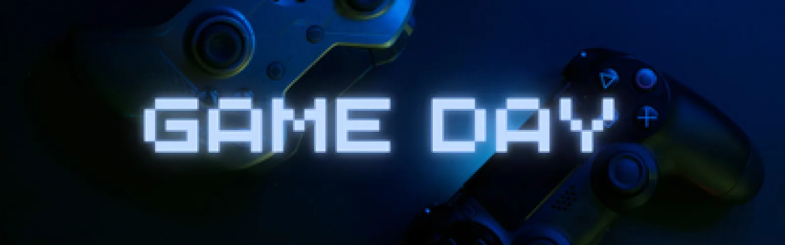 Dark background with game controllers that says Game Day in center.